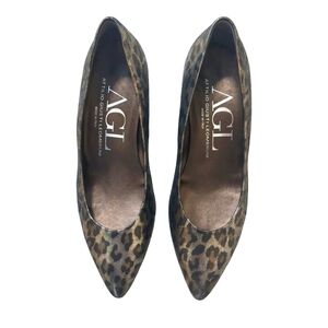 AGL Leopard Print Black and Gold Leather Wedge Pumps
